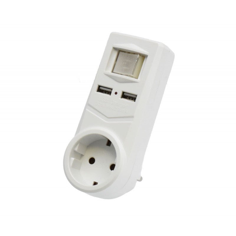 Adaptor triplu stecher cu priza Schuko, 2 porturi USB 5V 2100mA si intrerupator integrat, alb