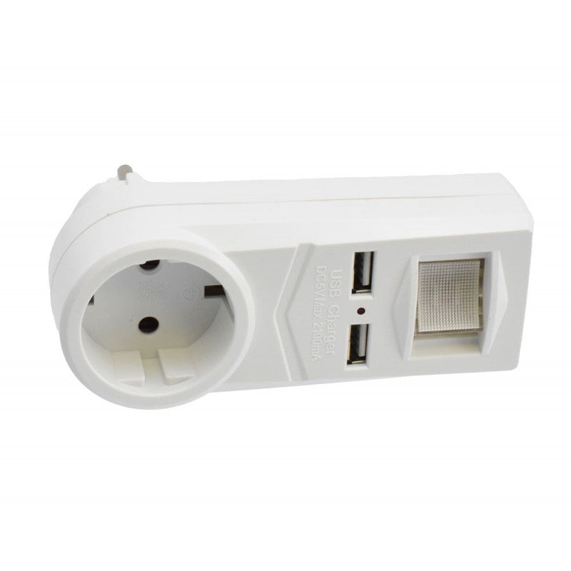 Adaptor stecher cu priza Schuko si 2 porturi USB 5V, vedere laterala cu eticheta USB Charger vizibila