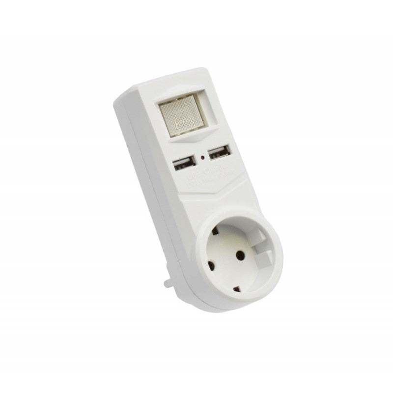 Adaptor stecher cu intrerupator si 2 USB, vedere laterala dreapta, design compact alb