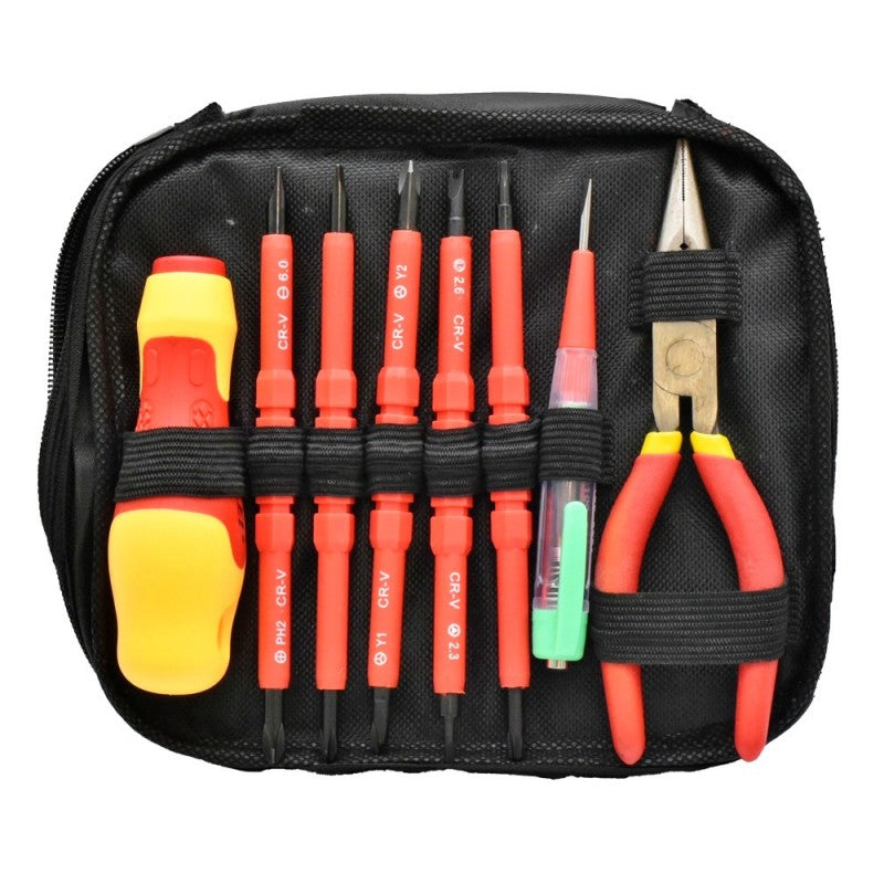Set unelte electrician organizat in geanta cu fermoar, surubelnite si cleste cu manere izolate rosii
