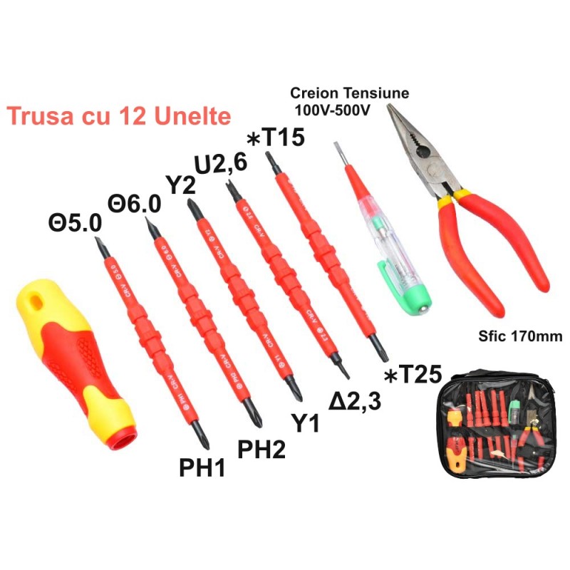 Schema componente trusa 12 unelte: capete PH1 PH2 Y1 Y2 T15 T25 U2.6 D2.3, creion tensiune 500V, sfic 170mm