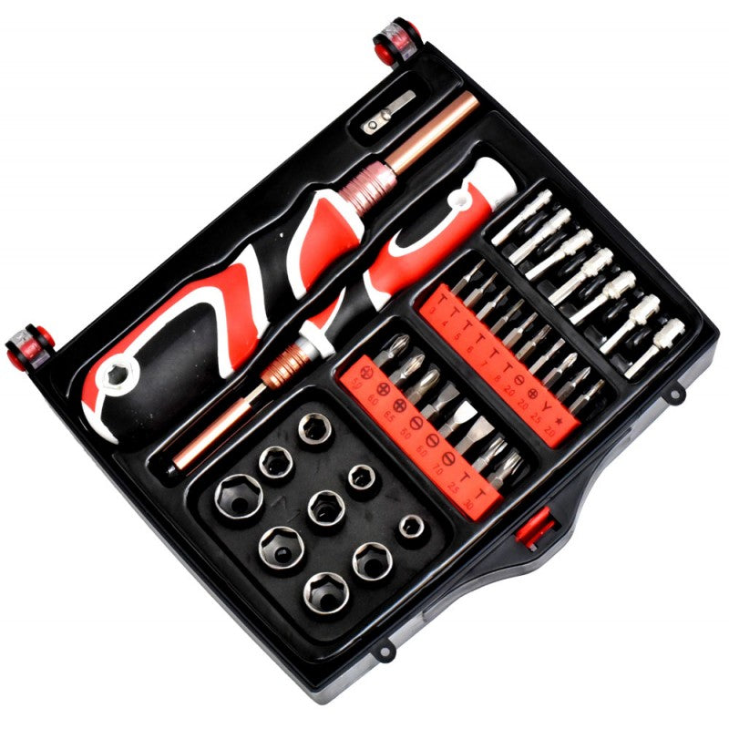 Trusa surubelnite si chei tubulare cu maner ergonomic rosu-negru, biti sortati in compartimente