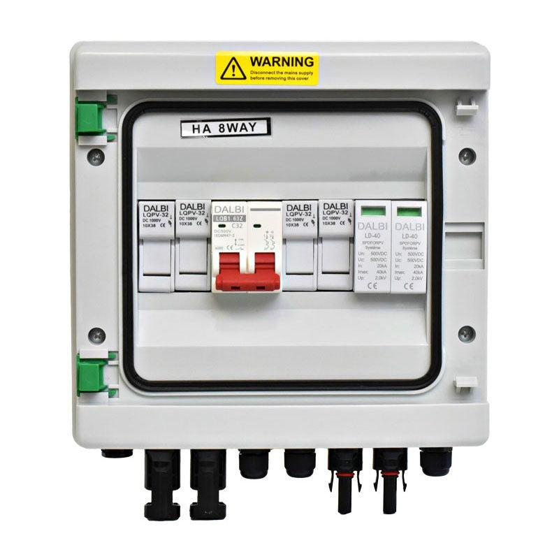 tablou protectie fotovoltaic 2 string 500V DC, IP65, disjunctor C32 si sigurante fuzibile, conectori MC4
