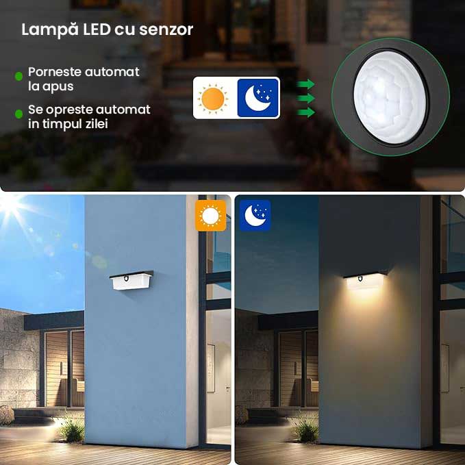 Lampa solara de perete cu senzor crepuscular, pornire automata la apus si oprire automata la rasarit