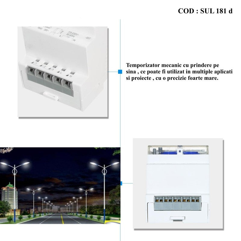 Temporizator sina DIN cu borne surub si aplicatii iluminat stradal, prindere tablou electric