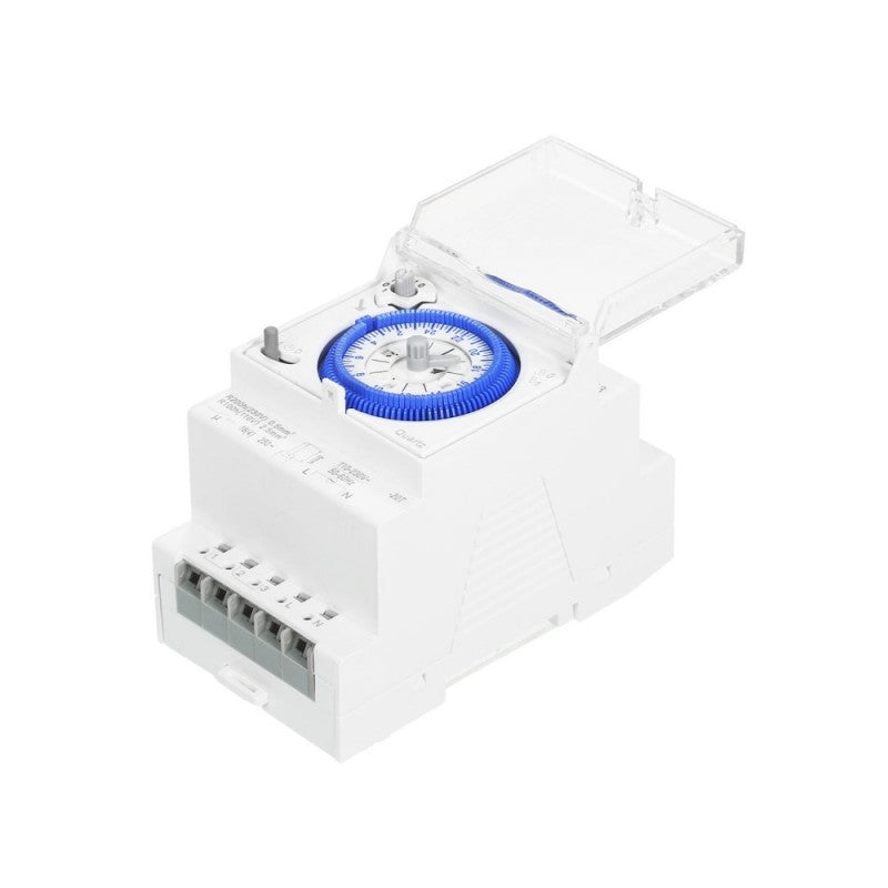 Temporizator mecanic sina DIN cu capac transparent deschis, vedere de sus cu cadran programabil