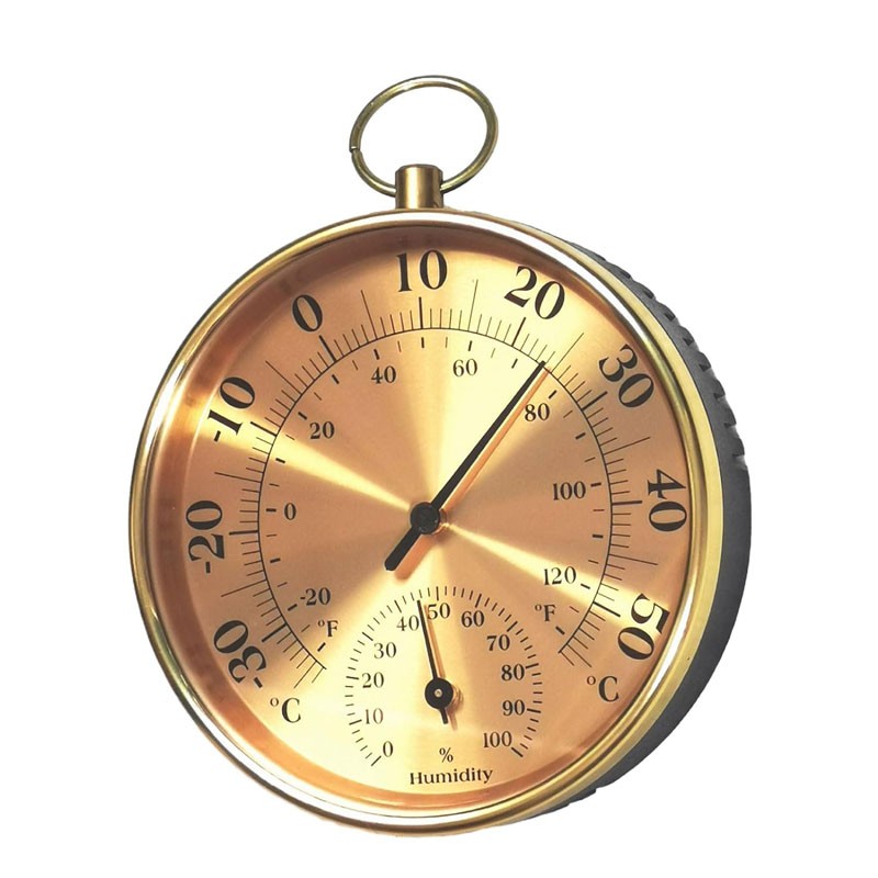 Termometru cu higrometru integrat, design retro auriu, scala dubla Celsius si Fahrenheit, vedere frontala