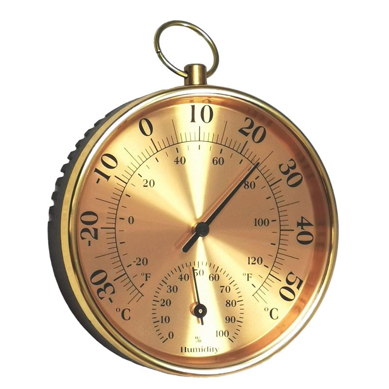 Termometru rotund cu higrometru, cadran auriu analog, scala -30°C/+50°C si umiditate 0-100%, montare prin agatare