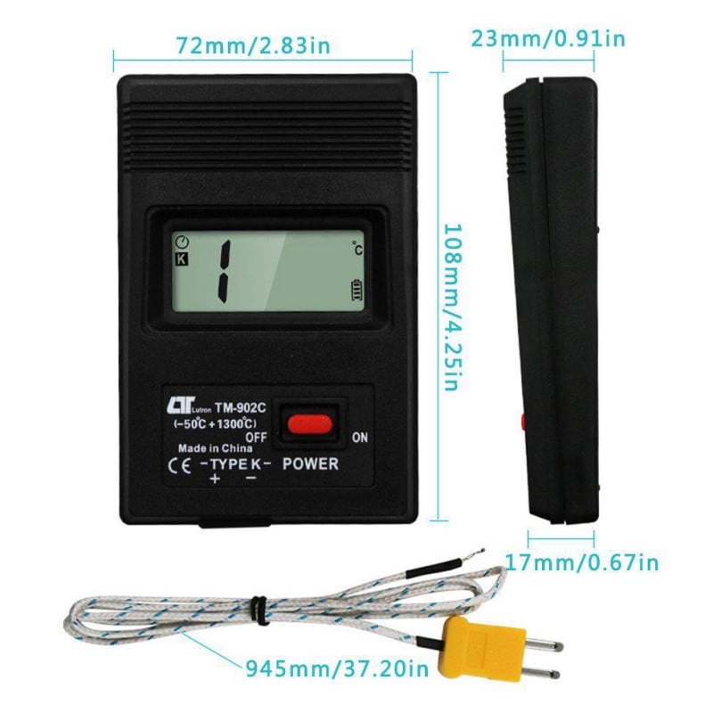 Termometru digital cu dimensiuni indicate: 108x72x23 mm, cablu sonda 945 mm