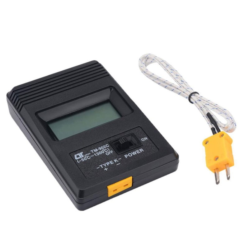 Termometru digital tip K, vedere laterala cu sonda separata si conector galben