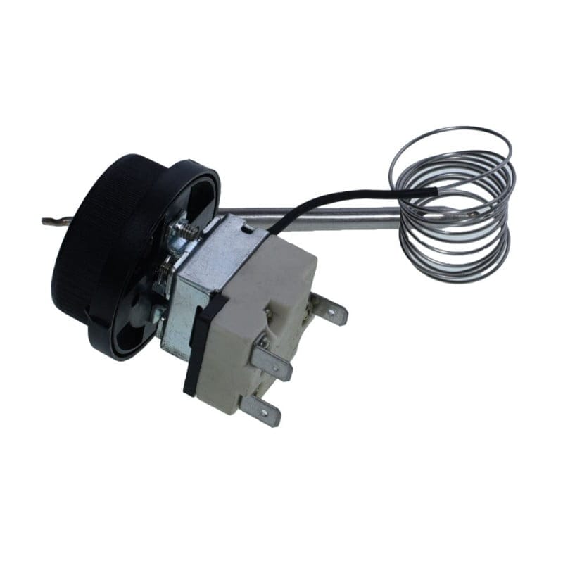 Termostat reglabil trifazat cu capilar inox, vedere laterala cu papuci de contact si cadran rotativ