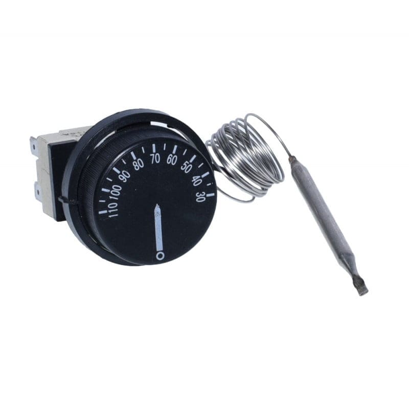 Termostat reglabil cu capilar inox spiralat si sonda, scala 30-110°C vizibila pe cadran