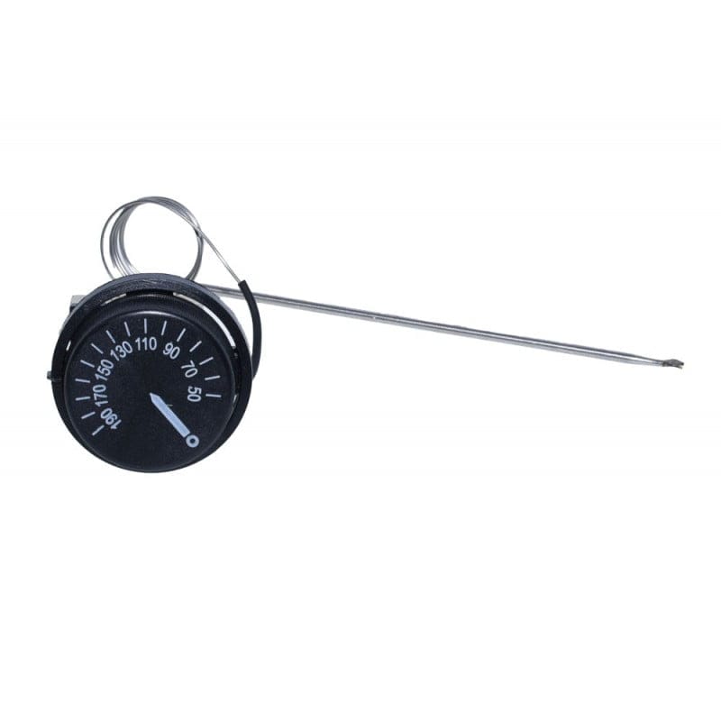 Termostat cu buton circular si scala 50-190°C - vedere frontala cu sonda inox extinsa