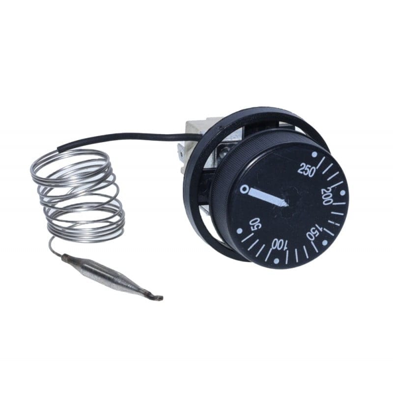 Termostat capilar inox - vedere frontala cu scala gradata 50-250°C si sonda detasata