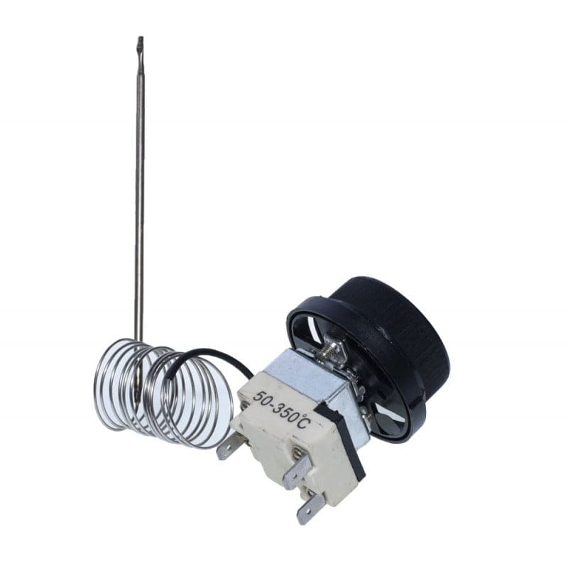 Termostat reglabil 50-350°C cu corp metalic, eticheta de temperatura si sonda inox detaliata