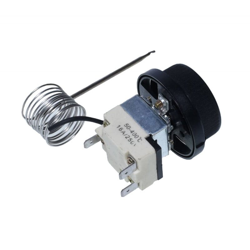 Termostat 50-400°C detaliu spate, bloc ceramic cu terminal 16A/250V si 3 papuci de conectare