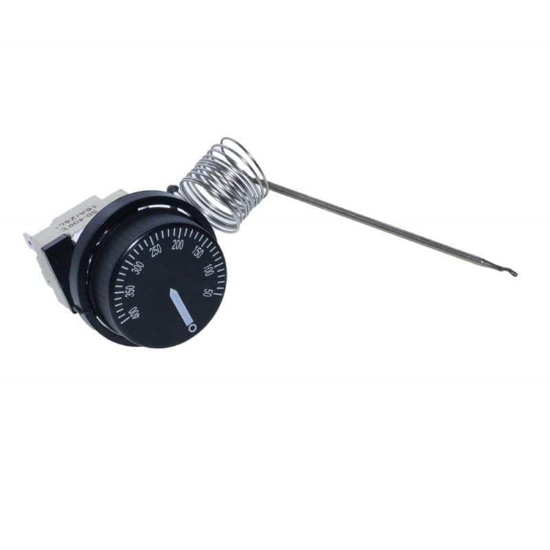 Termostat reglabil cu capilar lung din inox, unghi lateral cu sonda si arcul capilarul desfasurat