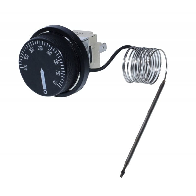 Termostat capilar industrial vazut din fata, scala 50-400°C vizibila si sonda din inox extinsa