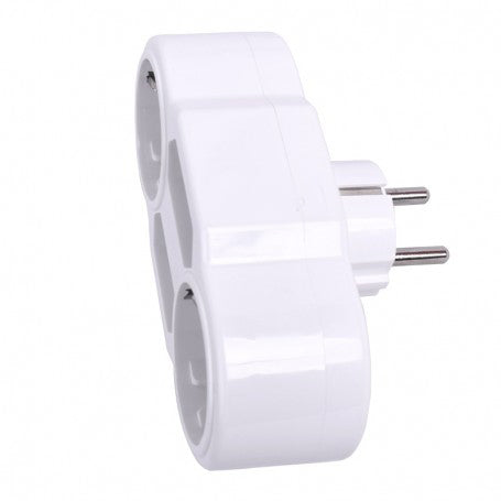 Stecher Schuko multiplu vazut din lateral, stec cu 3 iesiri, 16A, plug alb compact