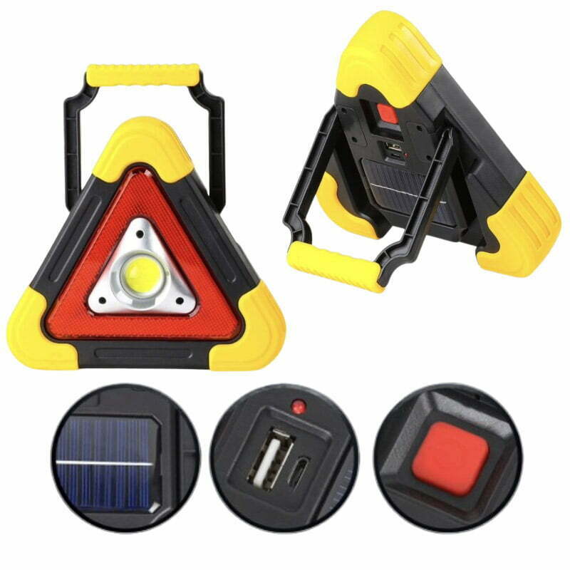 Triunghi auto LED COB 500 lumeni cu incarcare solara si USB, 30 LED-uri rosii, trepied pliabil portabil