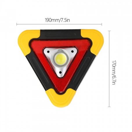 Dimensiuni triunghi auto LED: 190x170 mm, cu LED COB central si 30 LED-uri rosii perimetrale