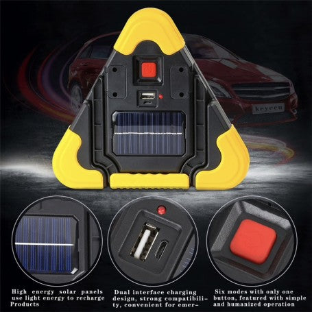 Spatele triunghiului de urgenta cu panou solar, port USB dublu si buton ON/OFF cu 5 moduri de iluminare