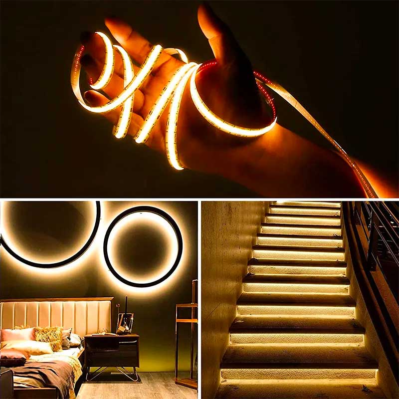 Banda LED COB indoita manual, aplicata decorativ pe scari si perete de dormitor cu lumina calda