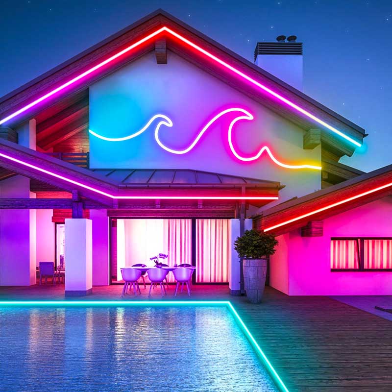 Banda LED COB RGB aplicata pe acoperis si pereti exteriori, efect neon multicolor la noapte