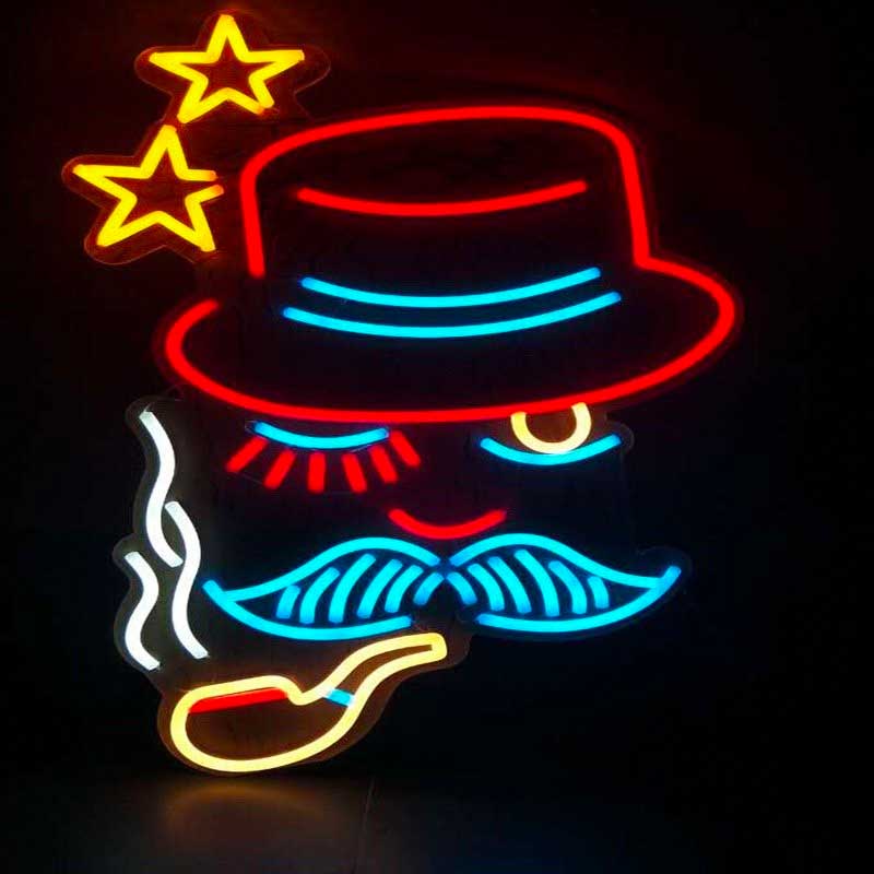 Banda neon flex multicolora modelata in forma decorativa de personaj cu palarie si mustata