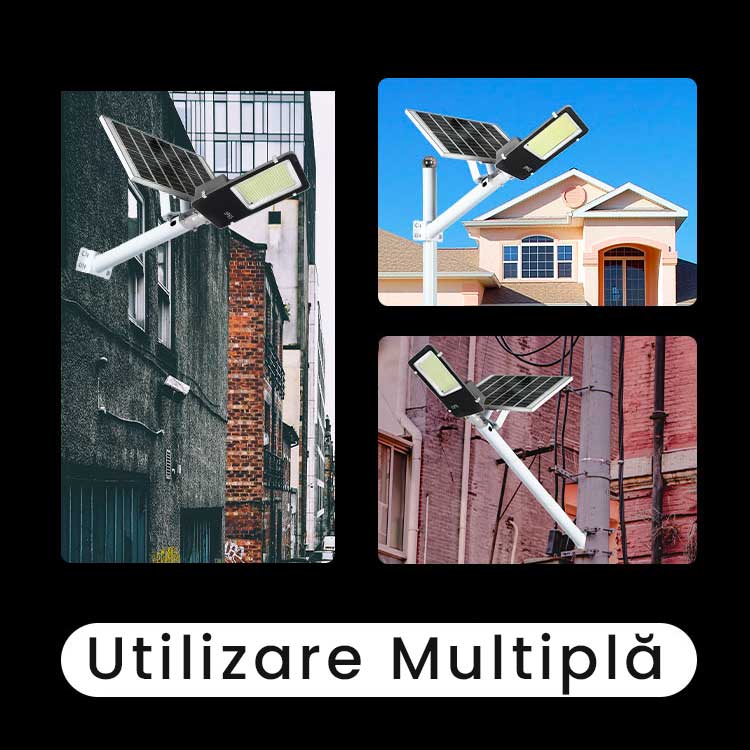 Lampa solara stradala montata pe perete si pe stalp in mediu urban, utilizare multipla