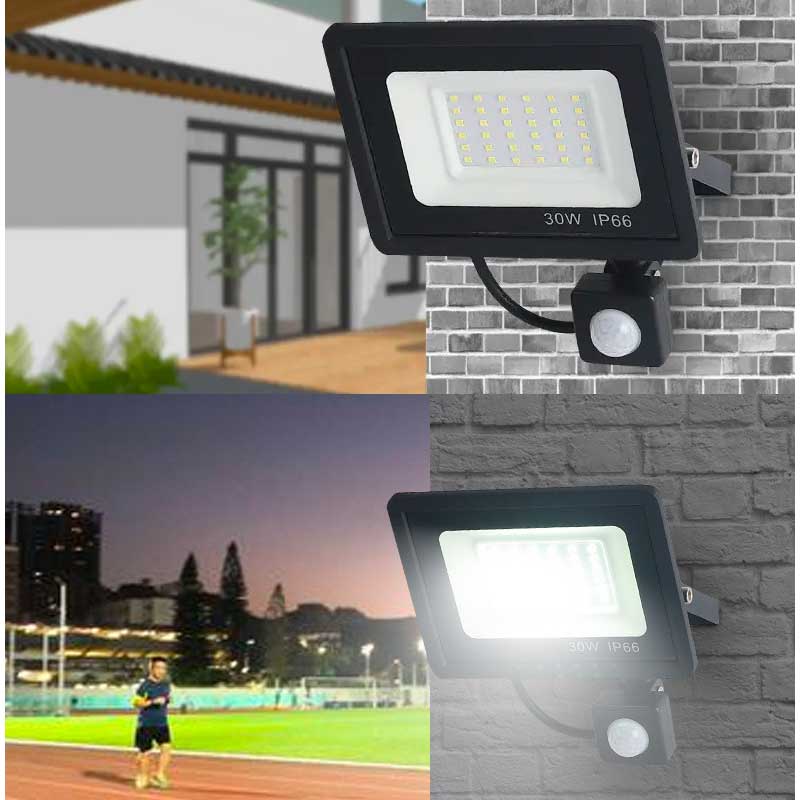 Proiector LED cu senzor PIR montat pe perete exterior, iluminare puternica pe teren si cladiri