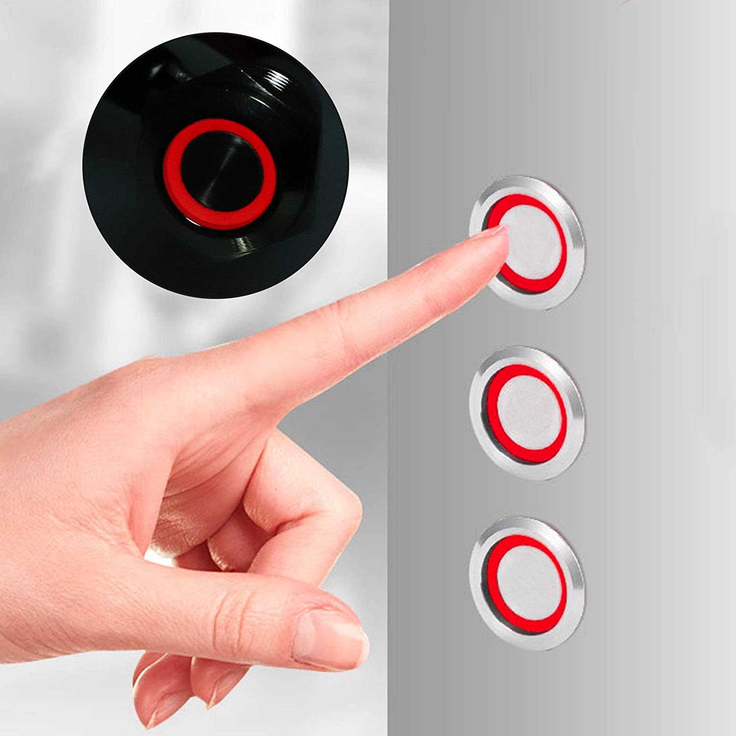 Buton push metalic 16mm cu LED rosu inel, montat in panou, apasat cu degetul