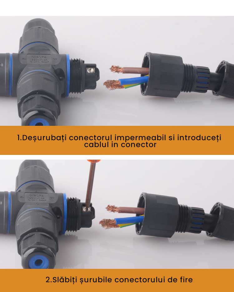 Ghid instalare conector impermeabil: introducere cablu si fixare suruburi terminale, pas 1 si 2