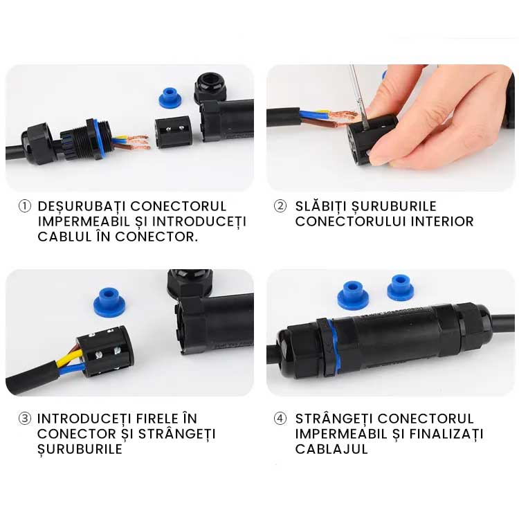 Conector impermeabil IP68 montaj in 4 pasi, racordare cablu fara unelte specializate