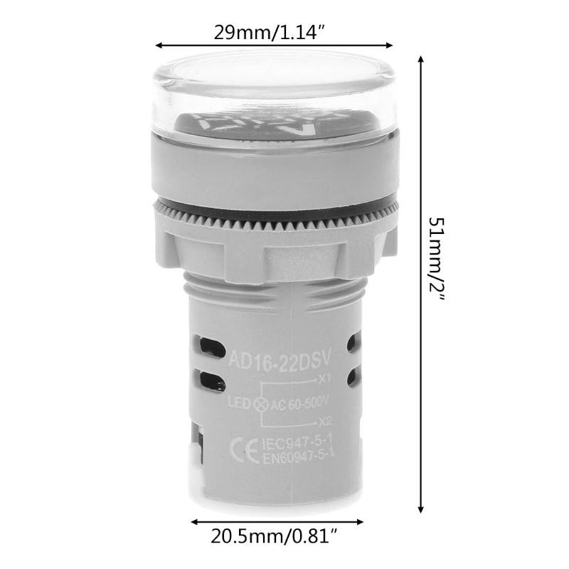 Voltmetru indicator 22mm cu dimensiuni 29x51mm, tensiune AC 60-500V, conectori schema tehnica