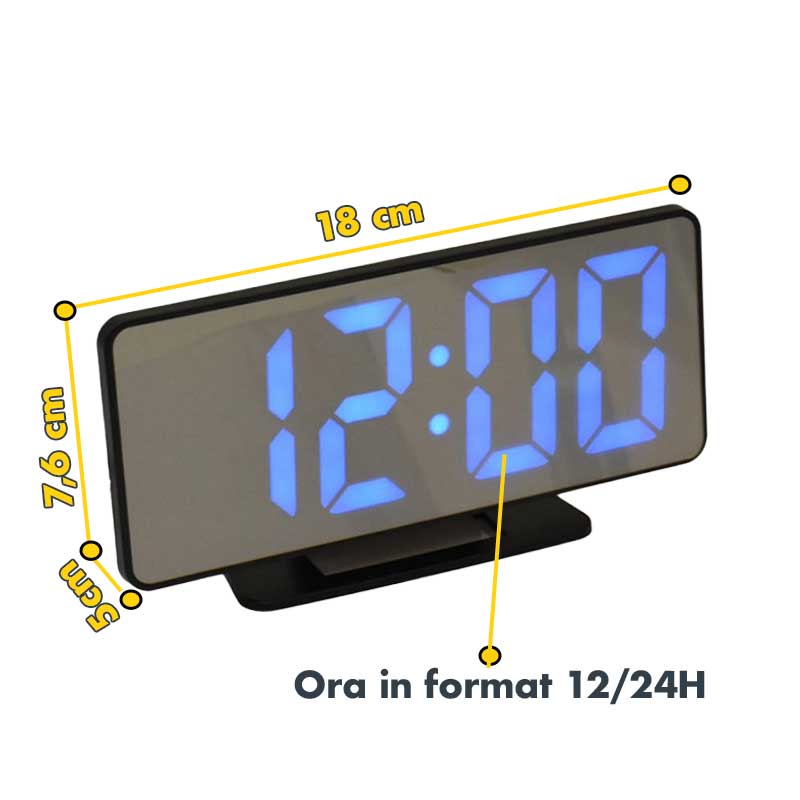 Ceas LED oglinda cu dimensiuni 18x7,6 cm si afisaj ora format 12/24H, cifre albastre mari