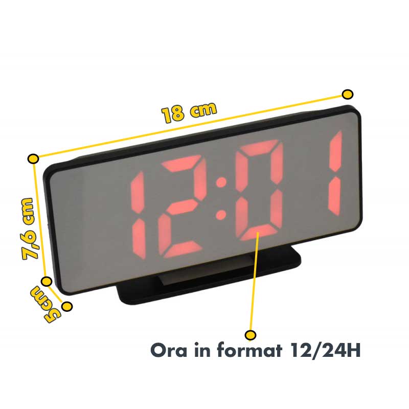 Ceas digital LED rosu cu display oglinda 18x7.6 cm, ora in format 12/24H