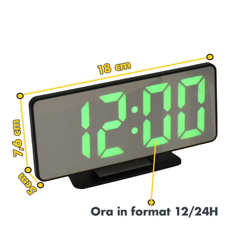 Ceas desteptator LED verde cu dimensiuni 18x7,6x5 cm si afisaj ora format 12/24H