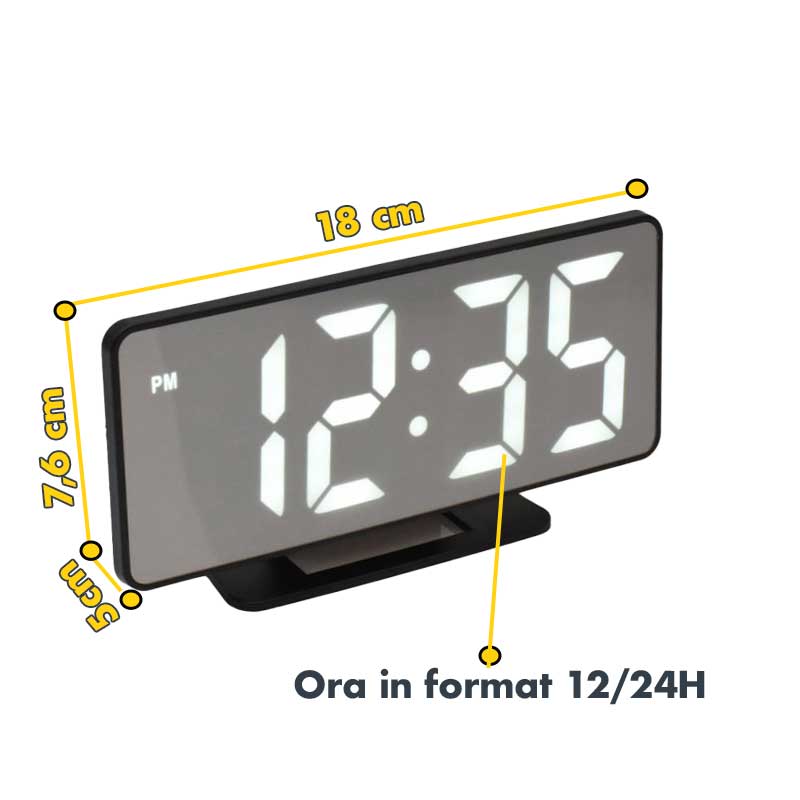 Ceas LED oglinda cu dimensiuni 18x7,6 cm, afisaj ora format 12/24H, cifre albe mari vizibile