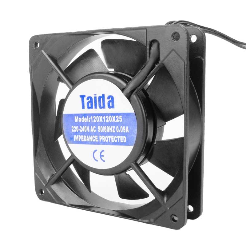 Ventilator axial 120x120mm, 220V, carcasa metalica neagra, vedere in perspectiva cu gauri de fixare