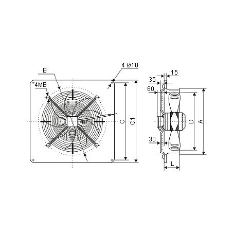 Ventilator axial industrial 350mm - desen tehnic cu dimensiuni si gauri de montaj