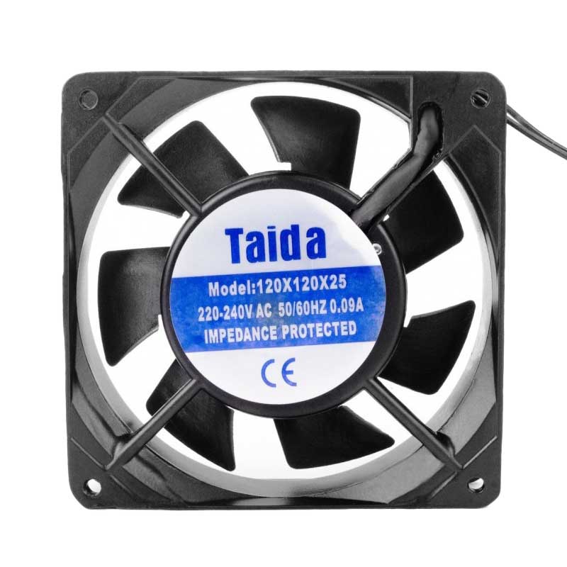 Ventilator axial metalic 120x120x25mm, 220V AC, 19.8W, vedere frontala cu palete si motor
