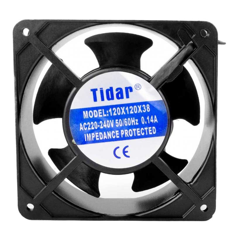 Ventilator industrial 120x120x38 mm, 220V, vedere frontala cu grila metalica de protectie