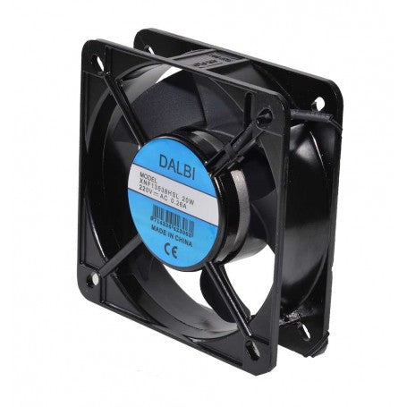 Ventilator axial 220V, 20W, vedere frontala cu eticheta tehnica si fire de conectare