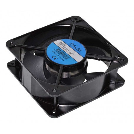 Ventilator axial industrial 180mm vazut din unghi oblic, carcasa metalica neagra si eticheta albastra