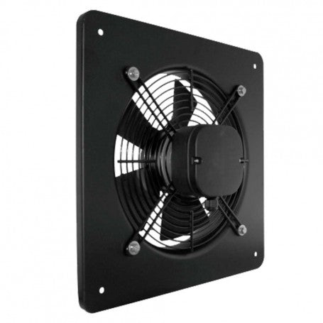Ventilator axial industrial 250mm vazut din spate, motor central vizibil, placa de montaj cu 4 gauri de fixare