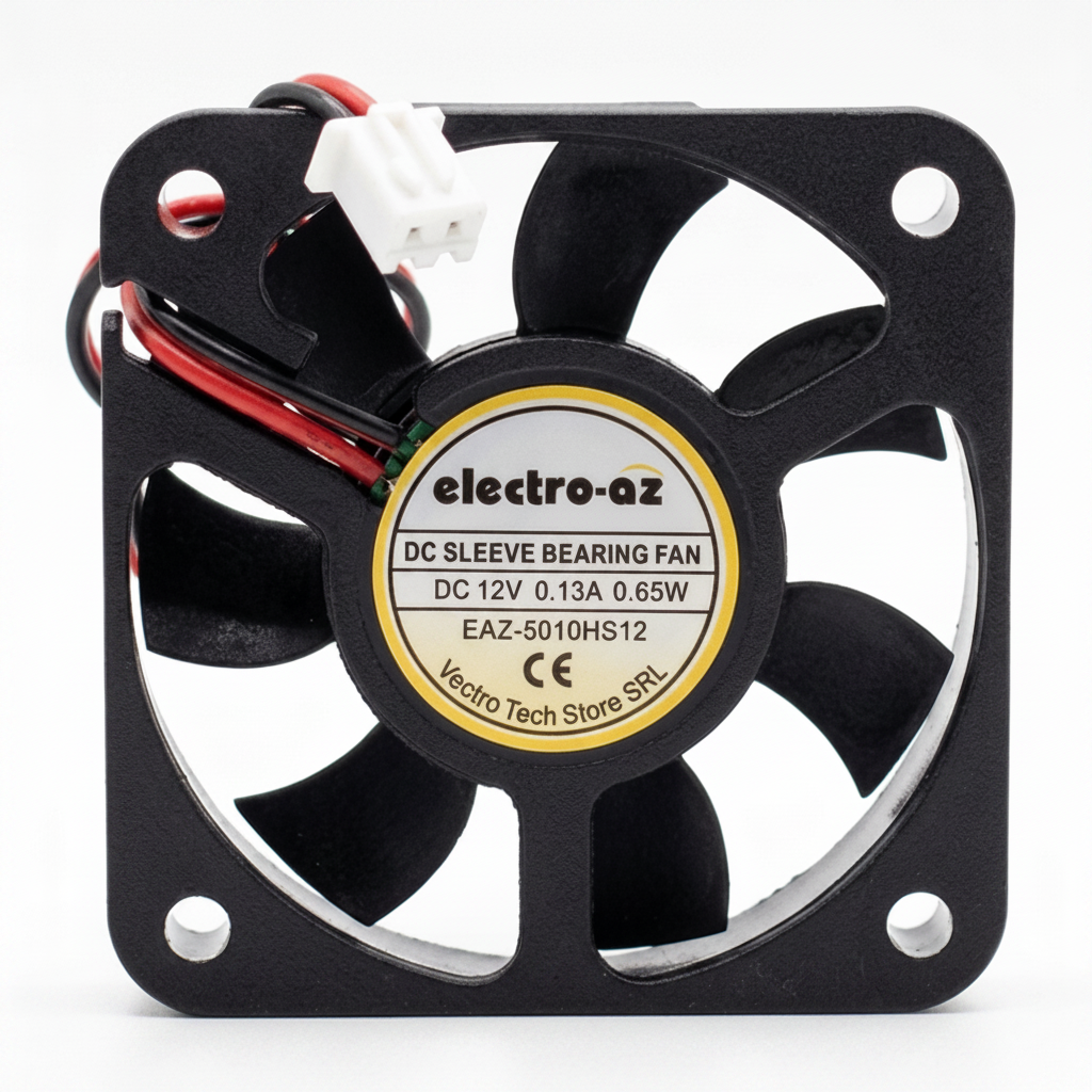 Ventilator DC 12V cooler 50x50x12mm, 0.65W, carcasa ABS neagra, conector 2 fire, sleeve bearing