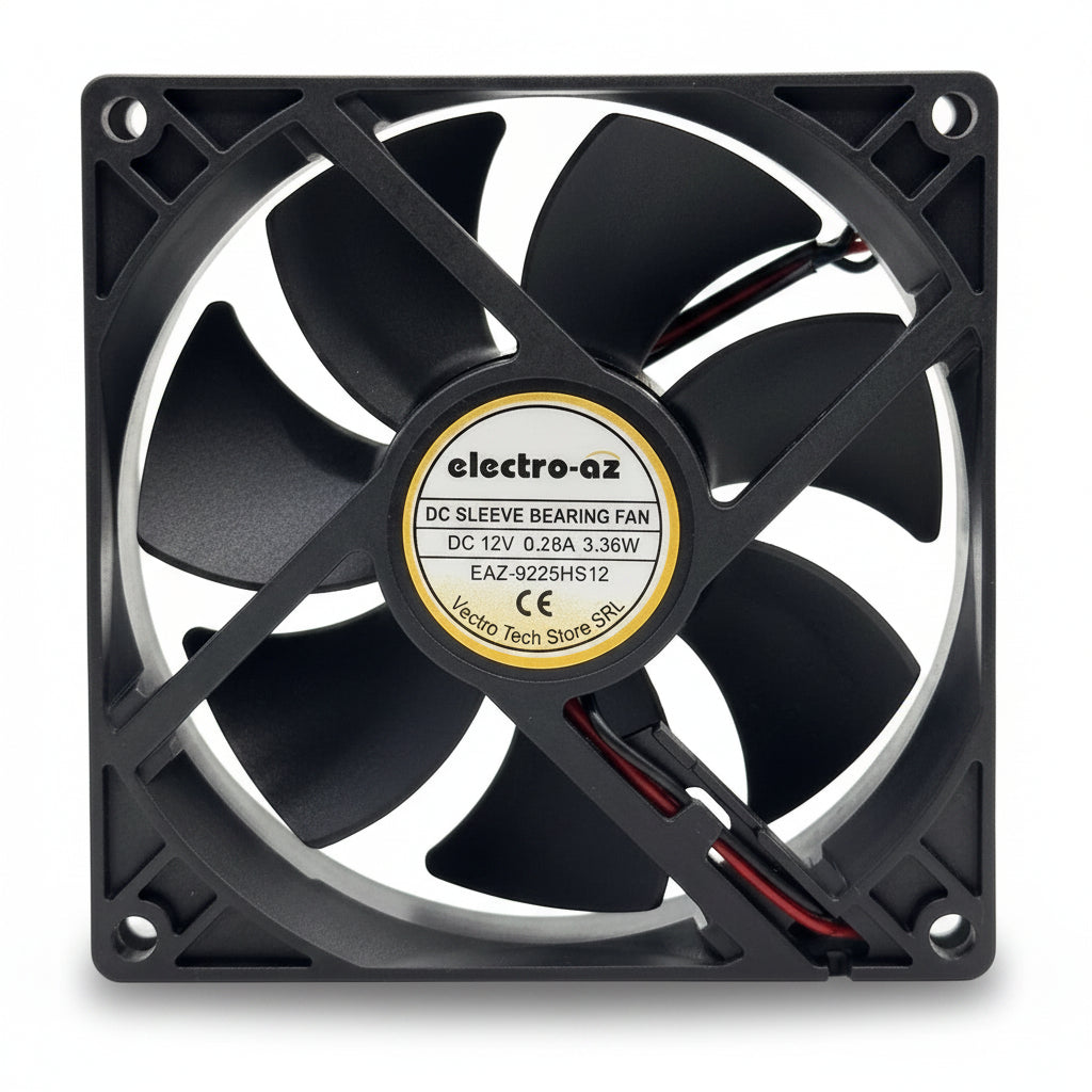 Ventilator DC 12V 3.36W, 92x92x25 mm, sleeve bearing, conector 2 fire, carcasa ABS neagra, vedere frontala