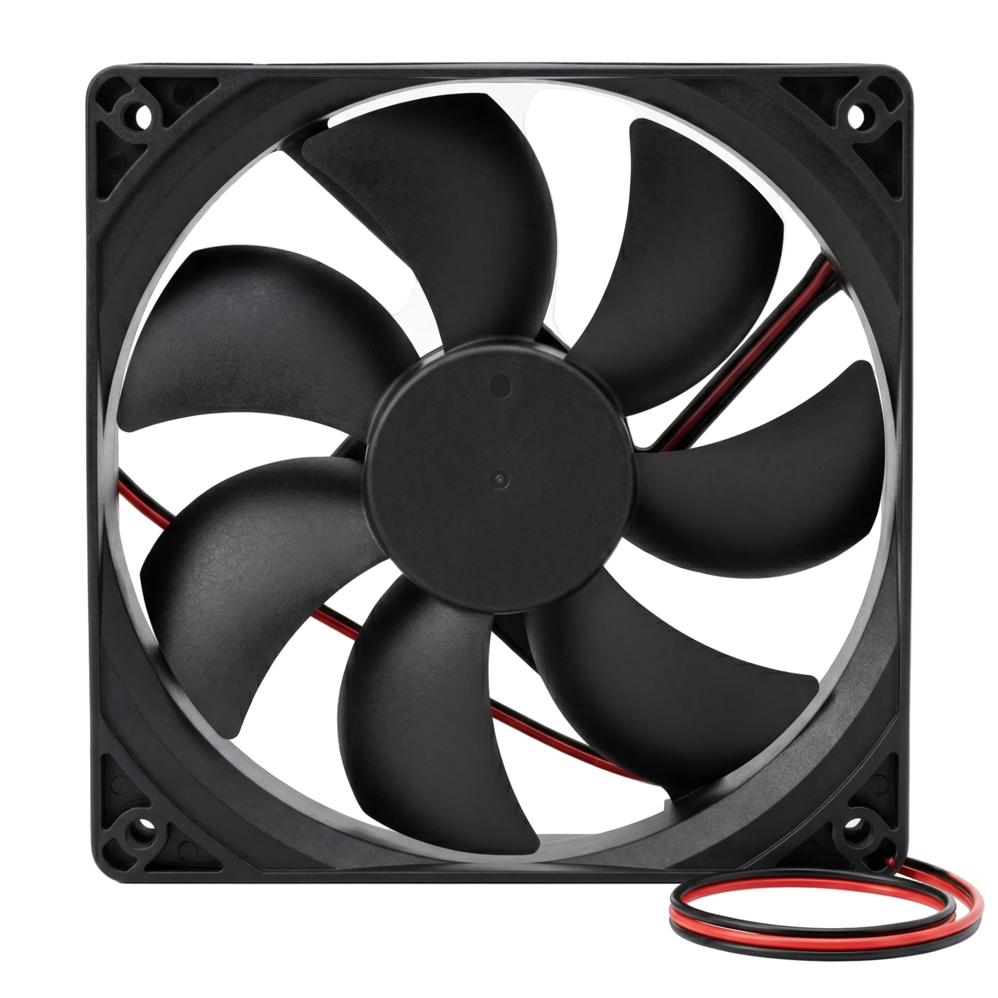 Ventilator DC 24V cooler 120mm vedere fata, pale aerodinamice si cablu rosu-negru cu conector inclus