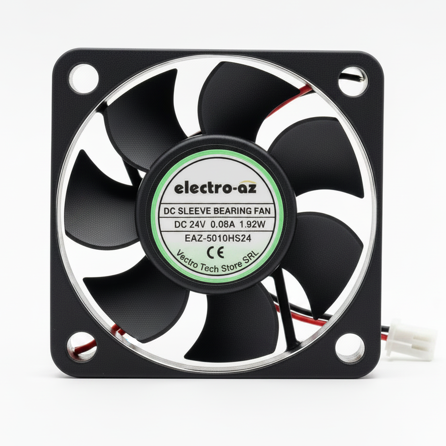 Ventilator DC 24V 50x50x15mm sleeve bearing 1.92W, carcasa ABS neagra, conector 2 pini, vedere frontala